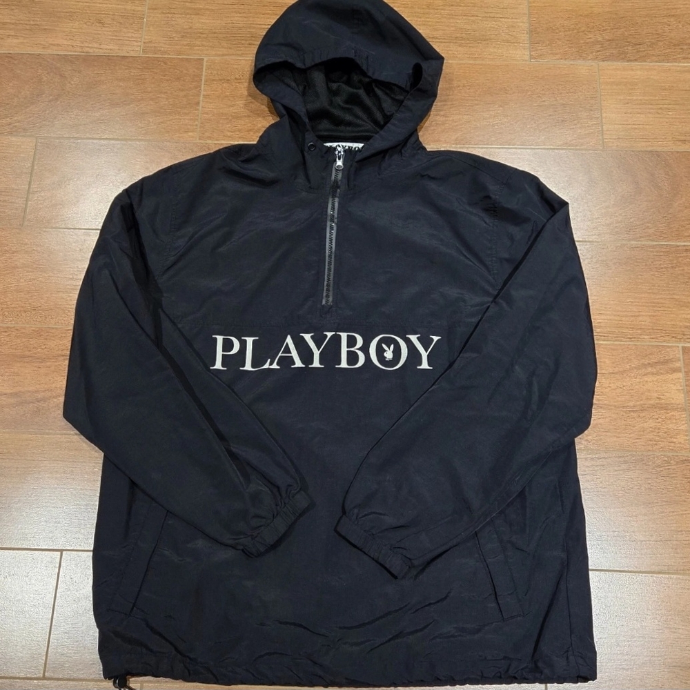 Playboy By PacSun Windbreaker 1/4 Zip Jacket Men's Size Large Big Bunny Black